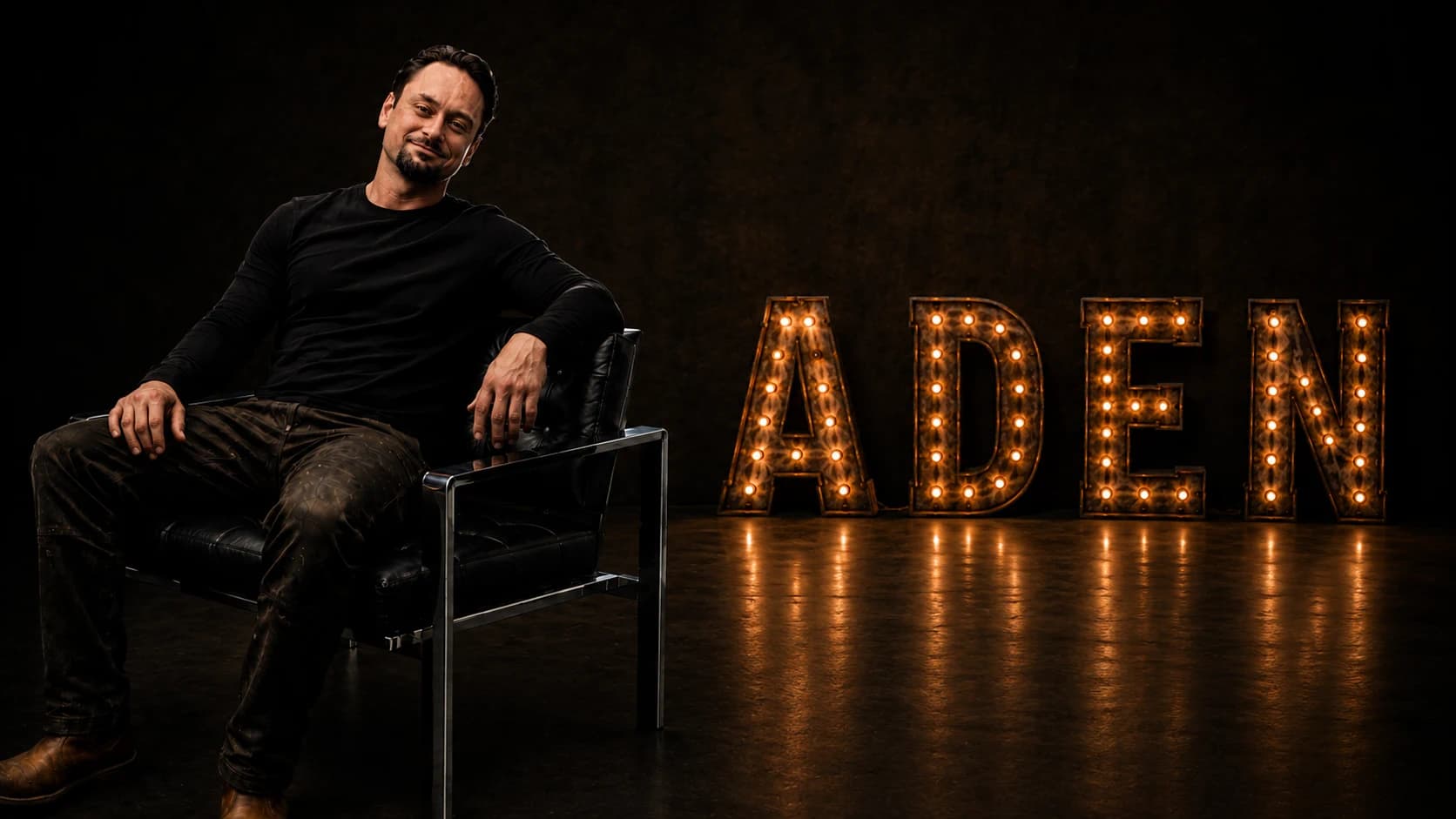 Aden Catalani seated in a dark studio beside illuminated ADEN marquee letters.