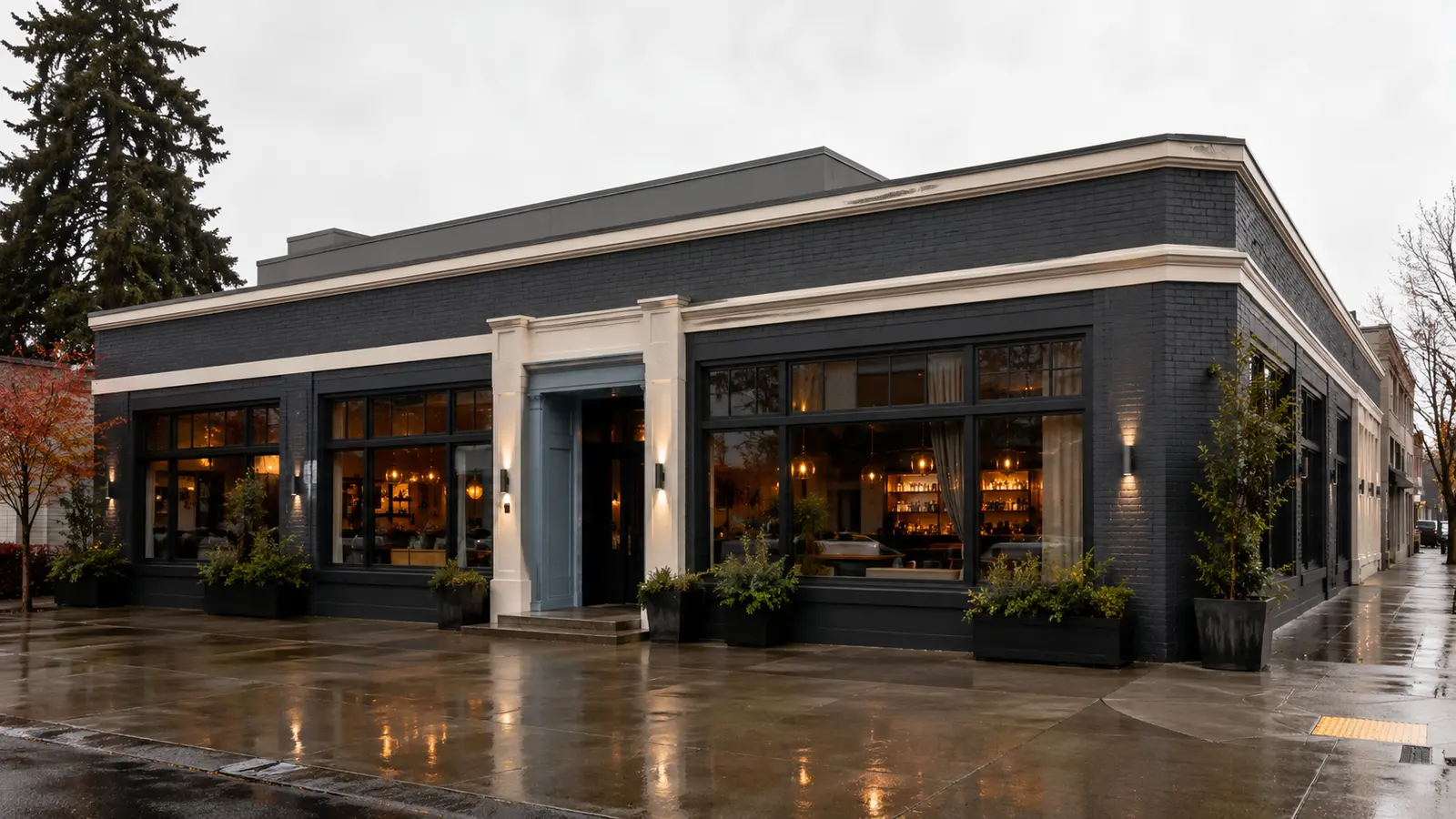 Completed hospitality venue with a deep charcoal facade, crisp trim, and renewed storefront.