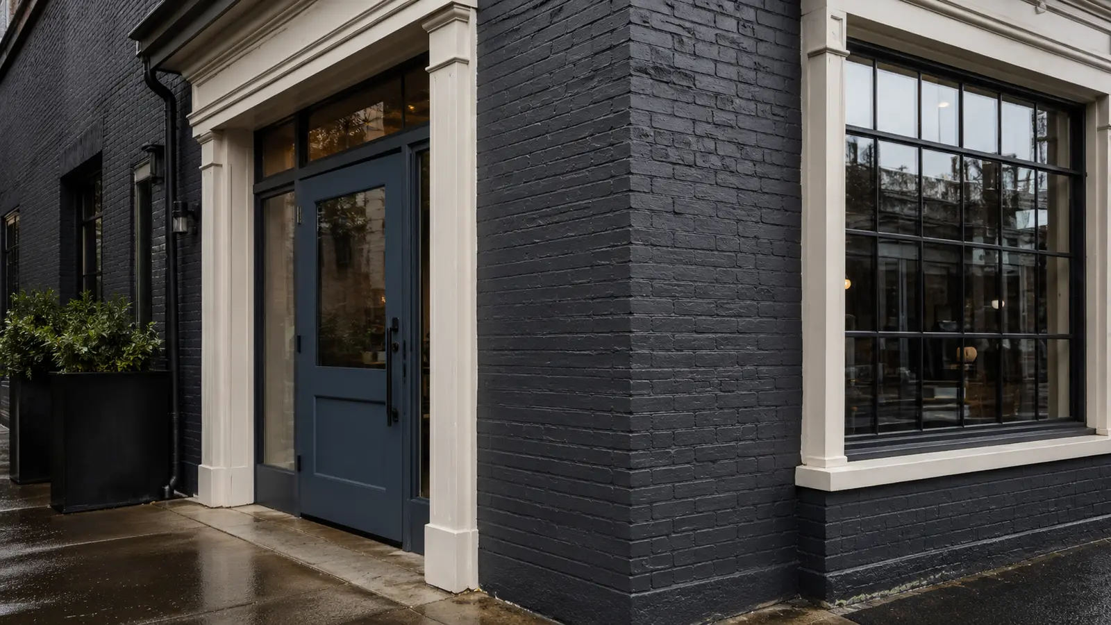 Commercial side entrance after repainting with crisp masonry, trim, door, and window finishes.