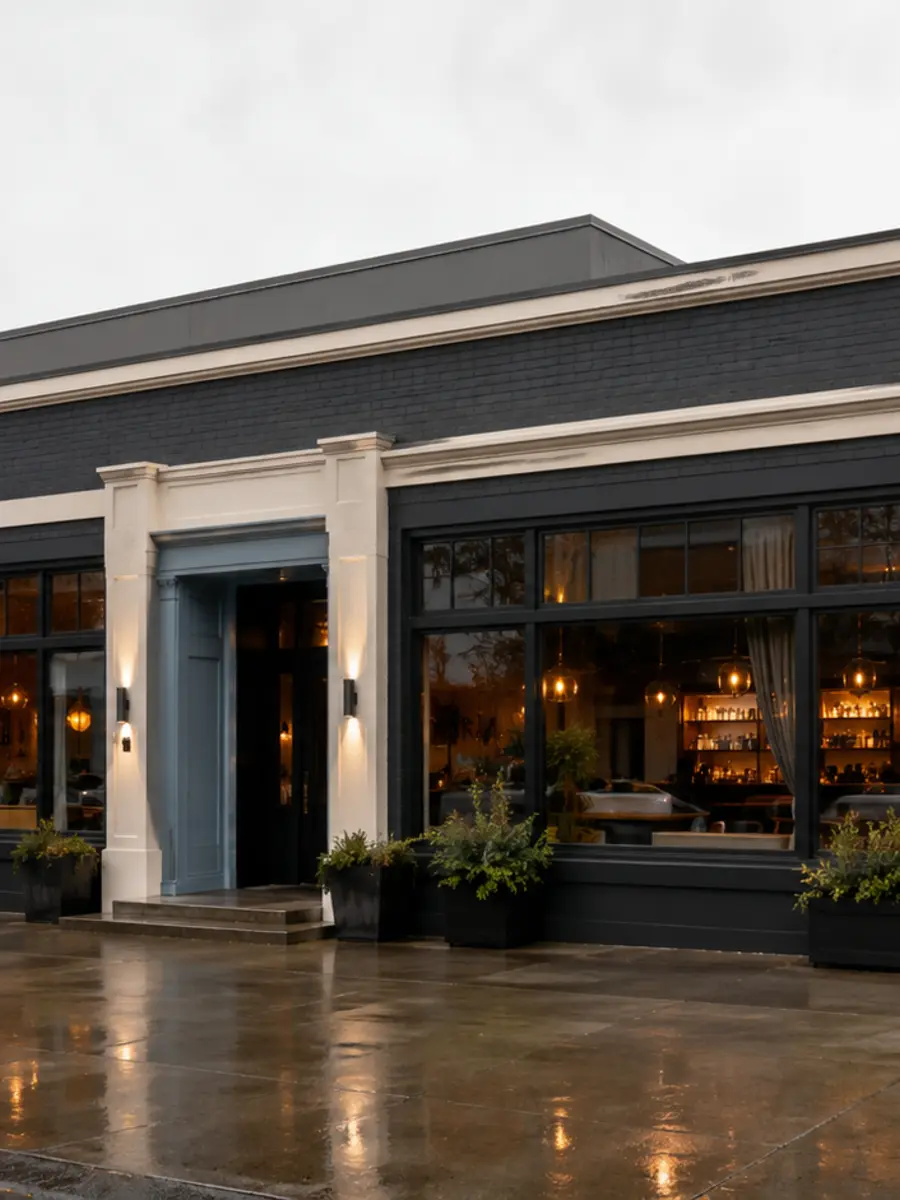 Refinished commercial facade and entry after repainting.