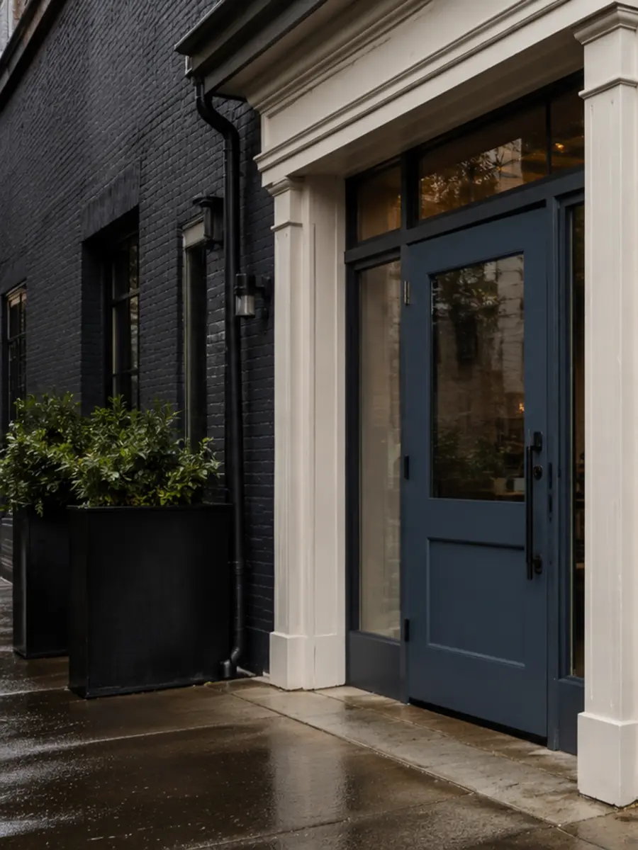 Crisp commercial door, trim, and masonry after painting.