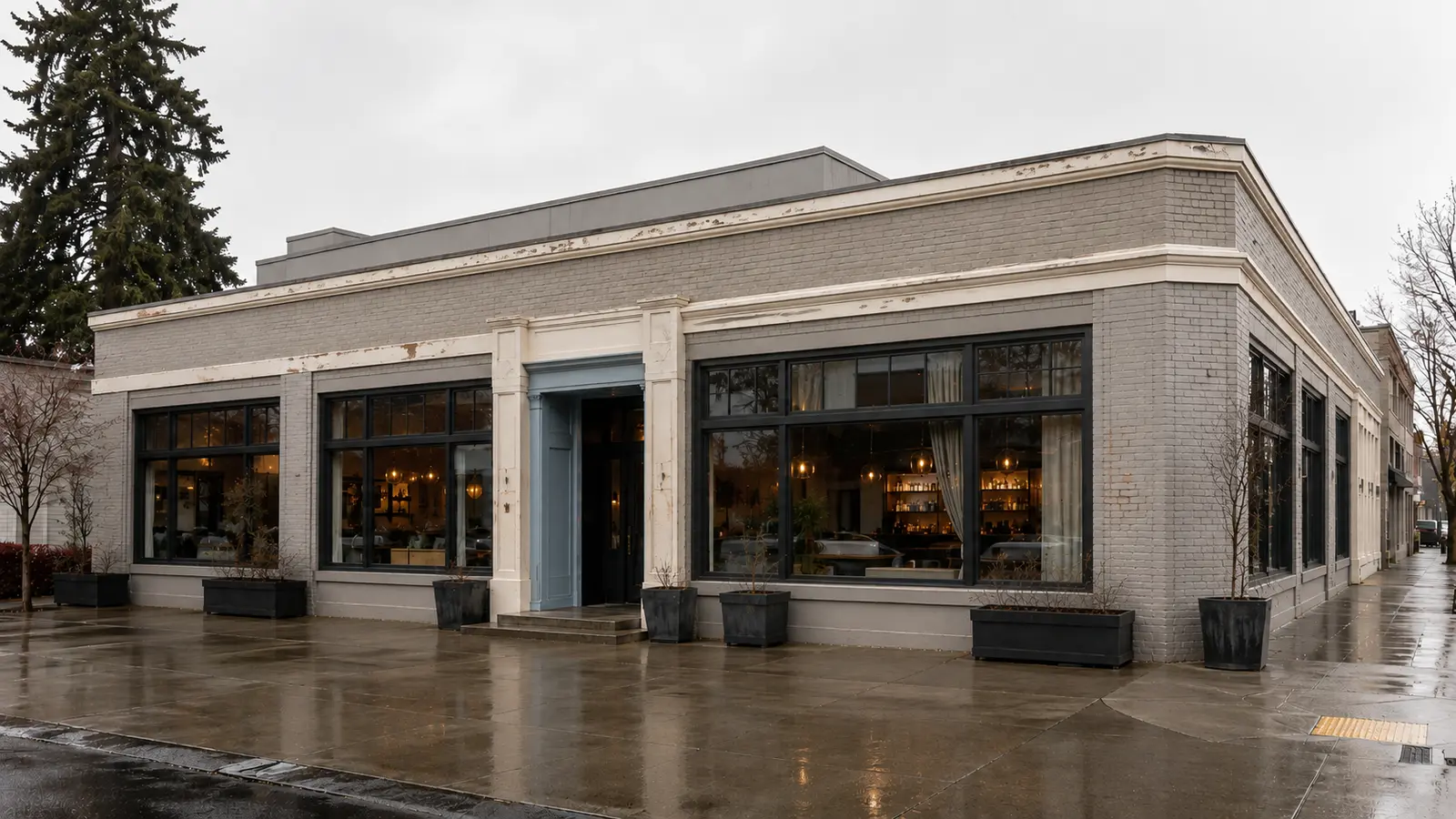 Hospitality venue with faded masonry and worn trim before commercial repainting.