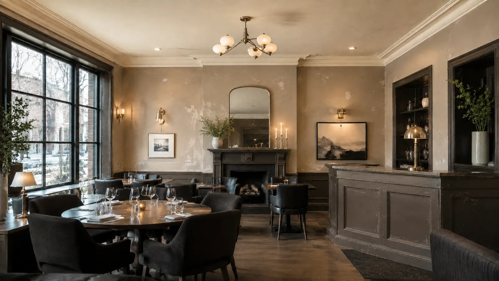 Restaurant interior with dated beige walls and worn painted surfaces before work began.