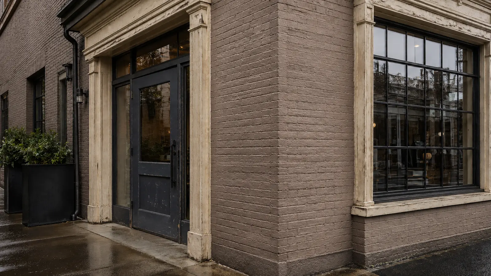 Commercial side entrance with faded brick, chipped trim, and a scuffed door before preparation.