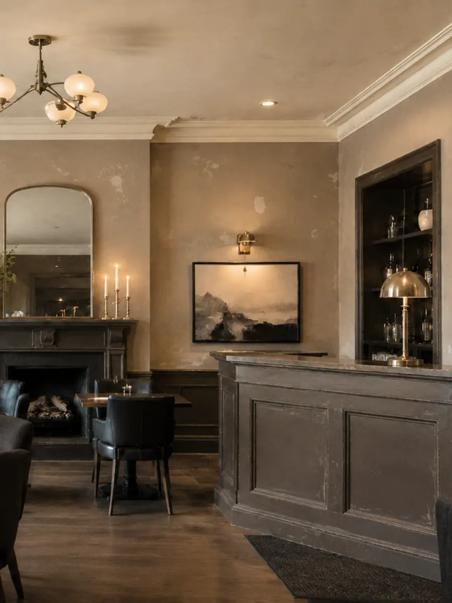 Worn restaurant counter and wall finishes before preparation.