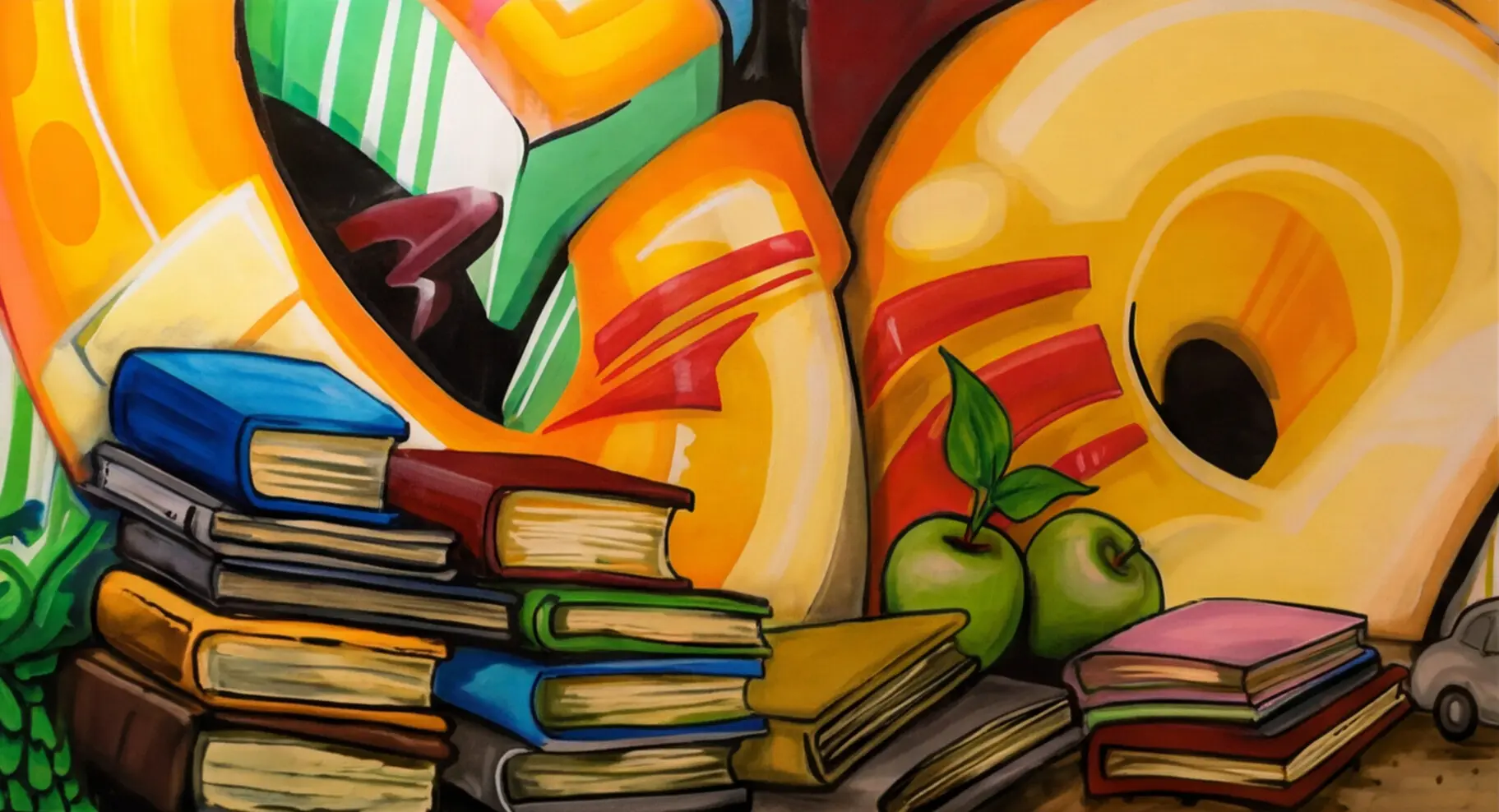 Detailed mural artwork featuring stacked books and bright fruit forms.