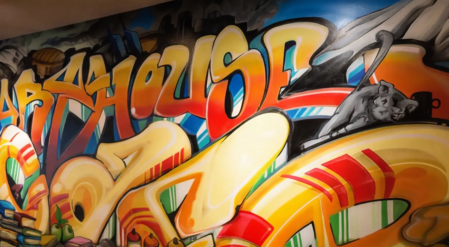 Detail of the Art House lettering and Pacific Northwest landscape imagery.