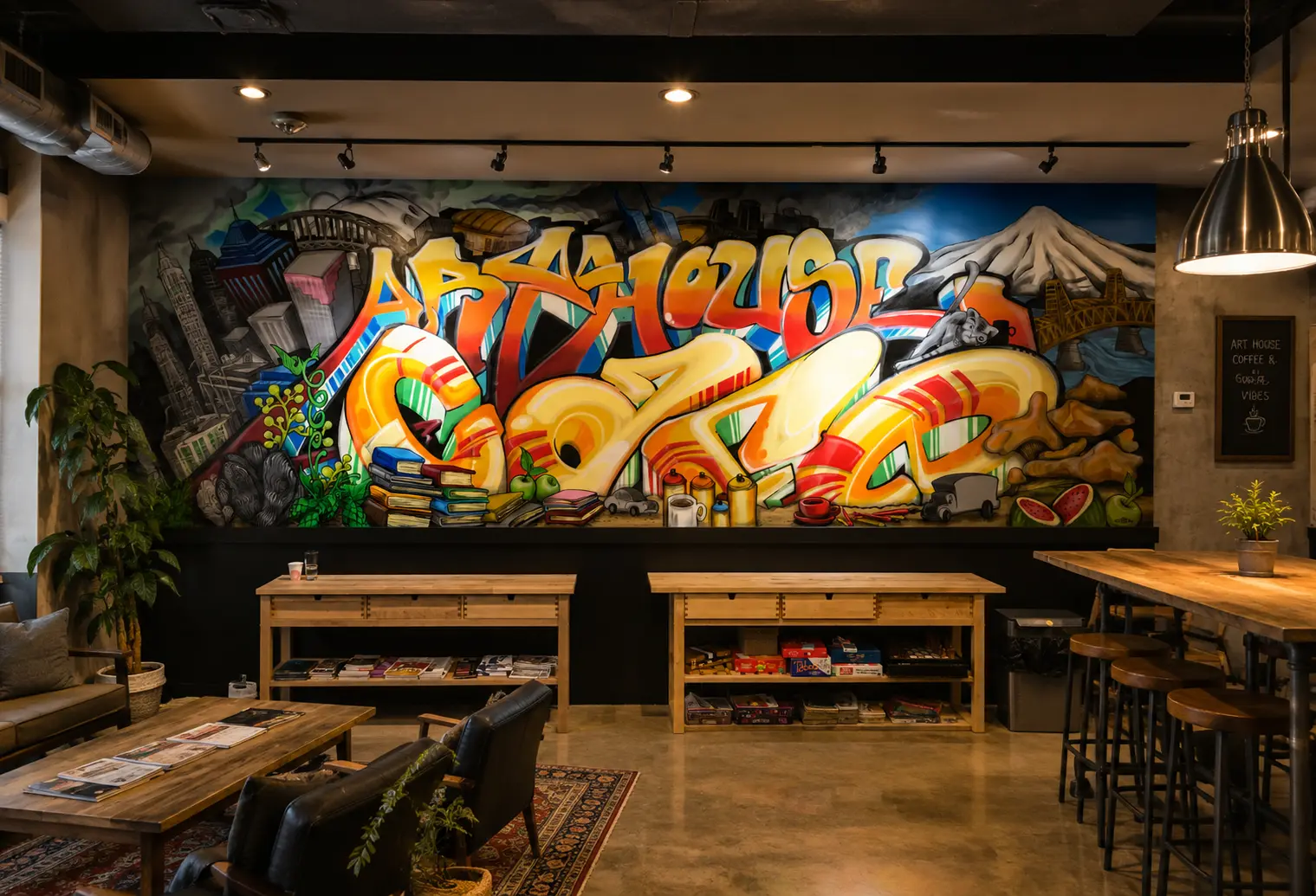 The completed cafe mural seen within the warm, furnished interior.