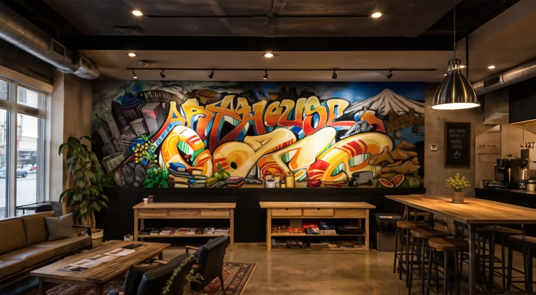 Wide view of the completed Art House Cafe mural integrated into the furnished cafe.