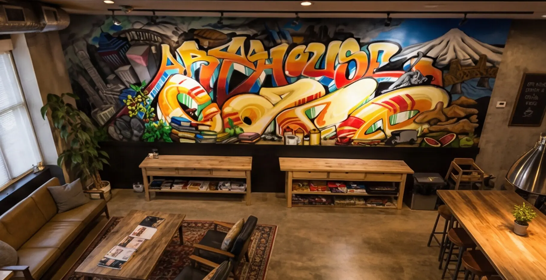 Elevated view showing the completed mural across the cafe's feature wall.