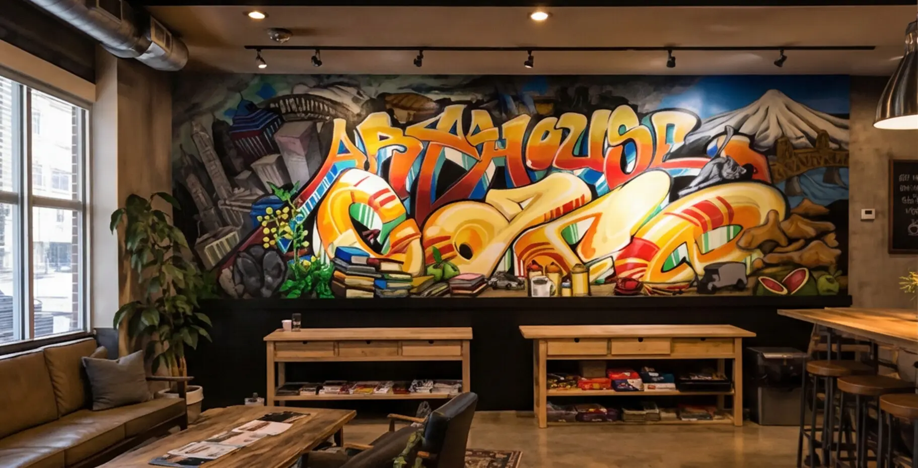 Completed Art House Cafe mural viewed across the cafe seating area.
