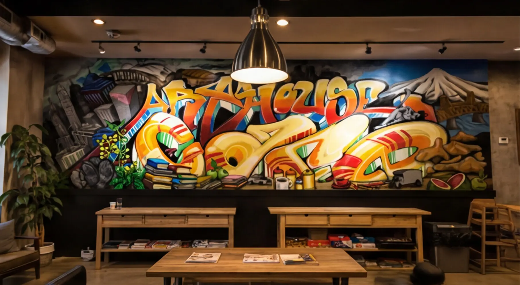 Art House Cafe mural framed by furniture, lighting, and the active interior.