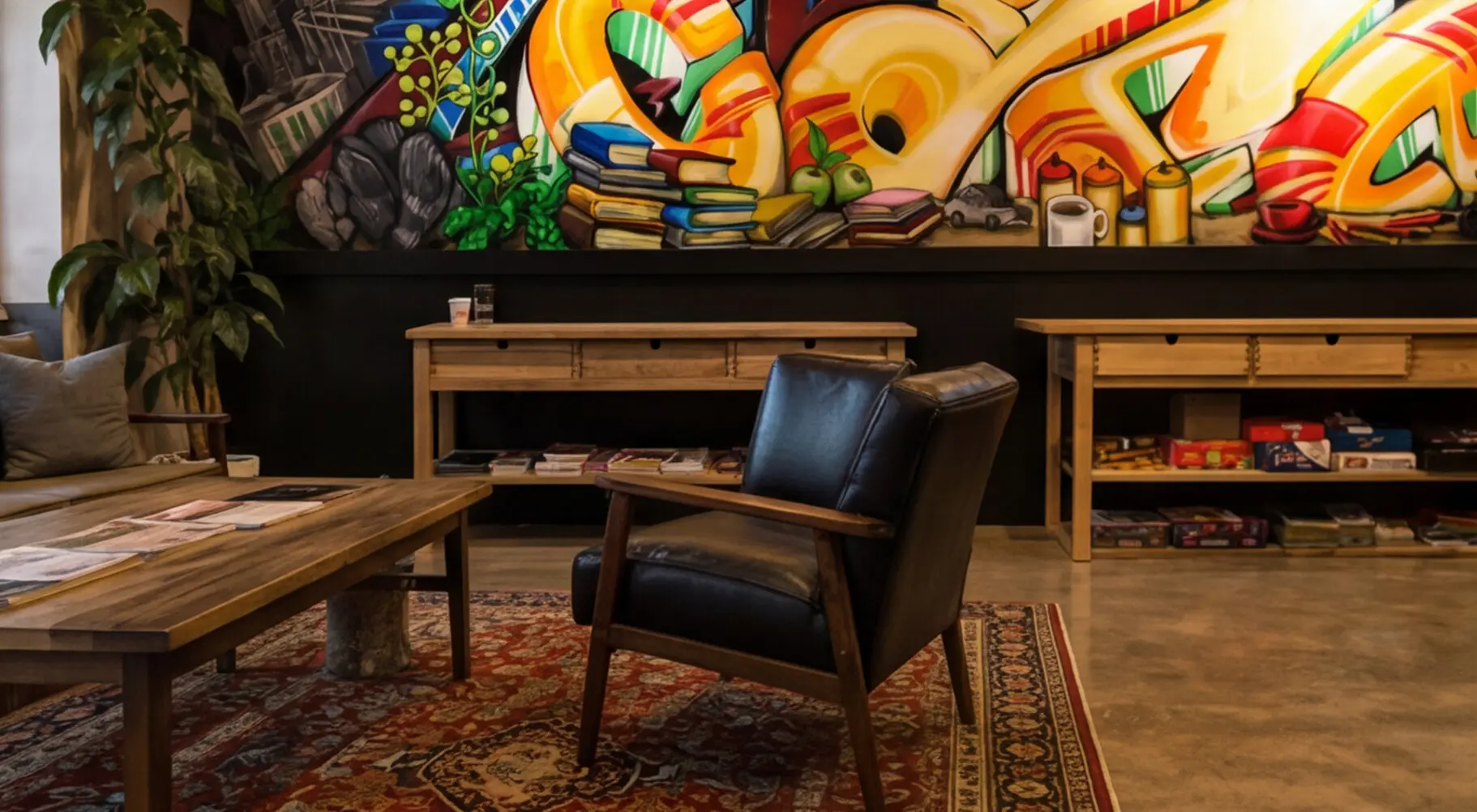 Close view of the colorful books, fruit, and graffiti-inspired forms in the cafe mural.