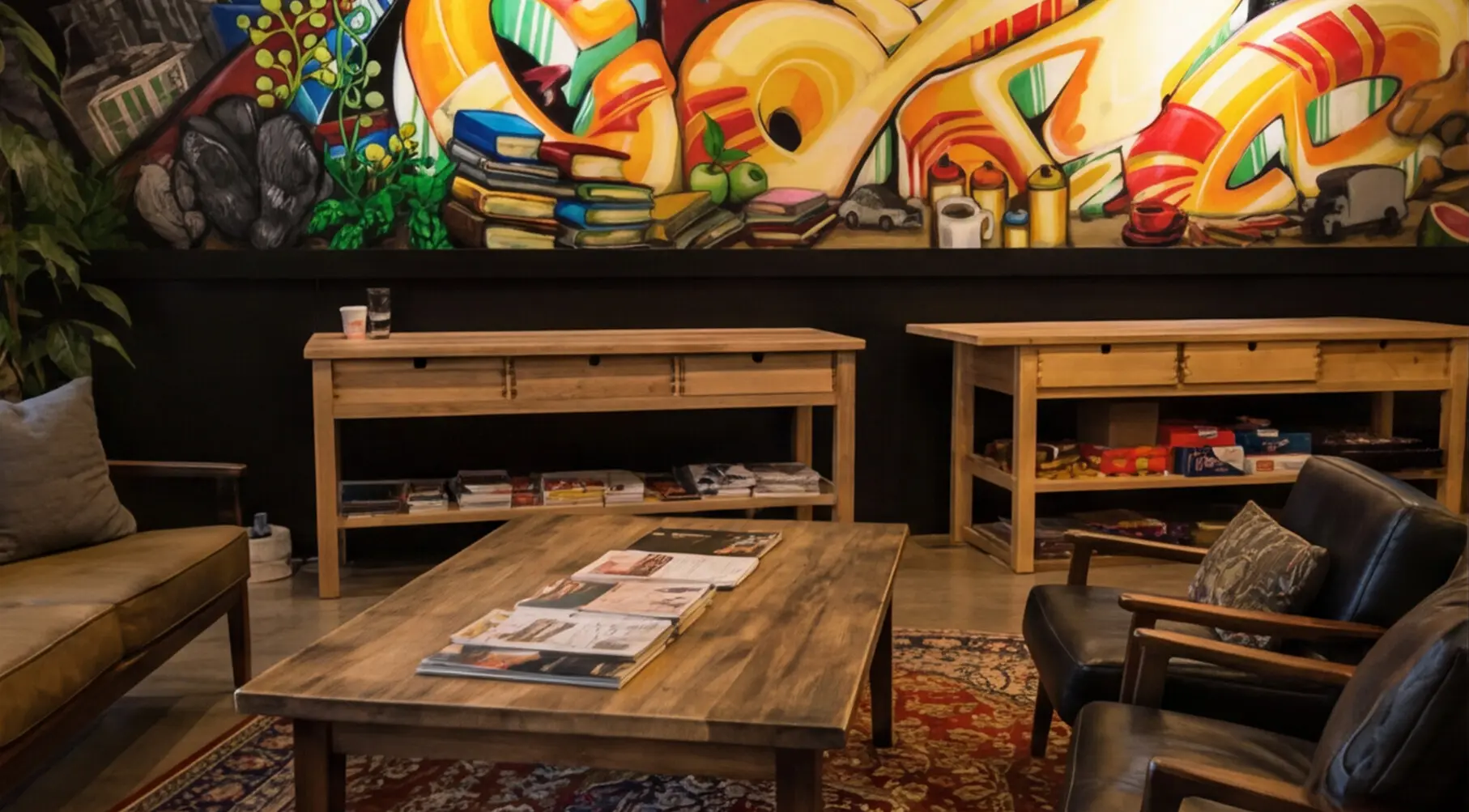 Detailed view showing how the mural artwork meets the cafe furnishings and finishes.