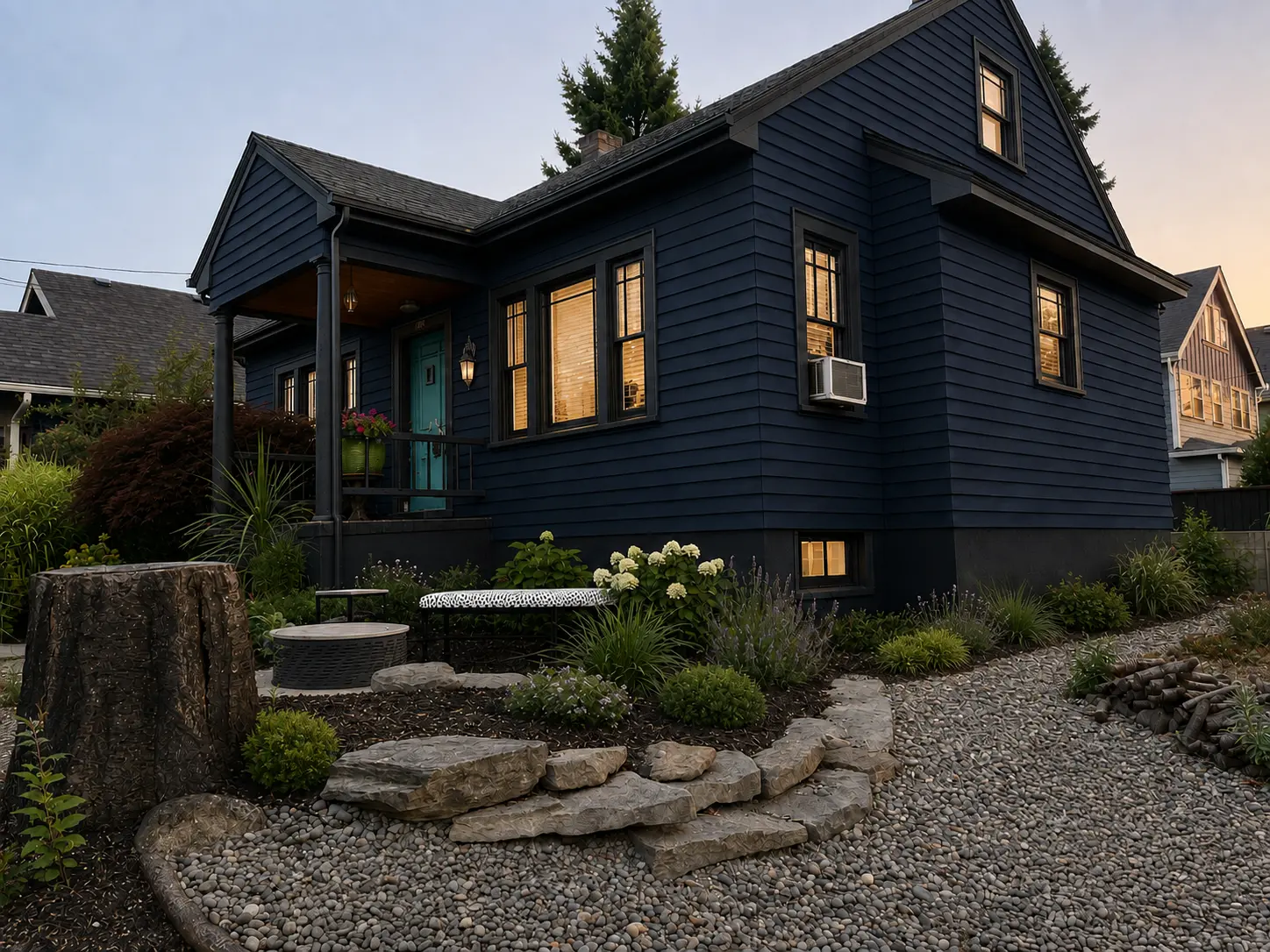 Side elevation after repairs and a deep blue exterior finish with charcoal trim.