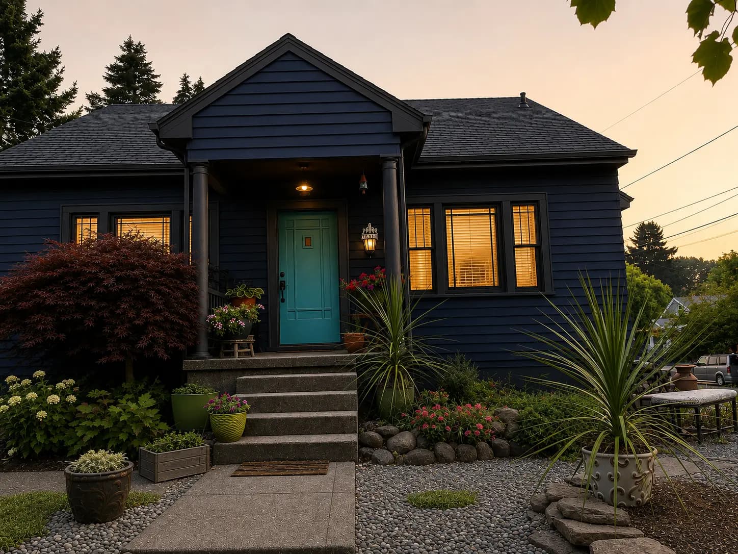 Front entry after painting with a deep blue body, dark trim, and teal door.