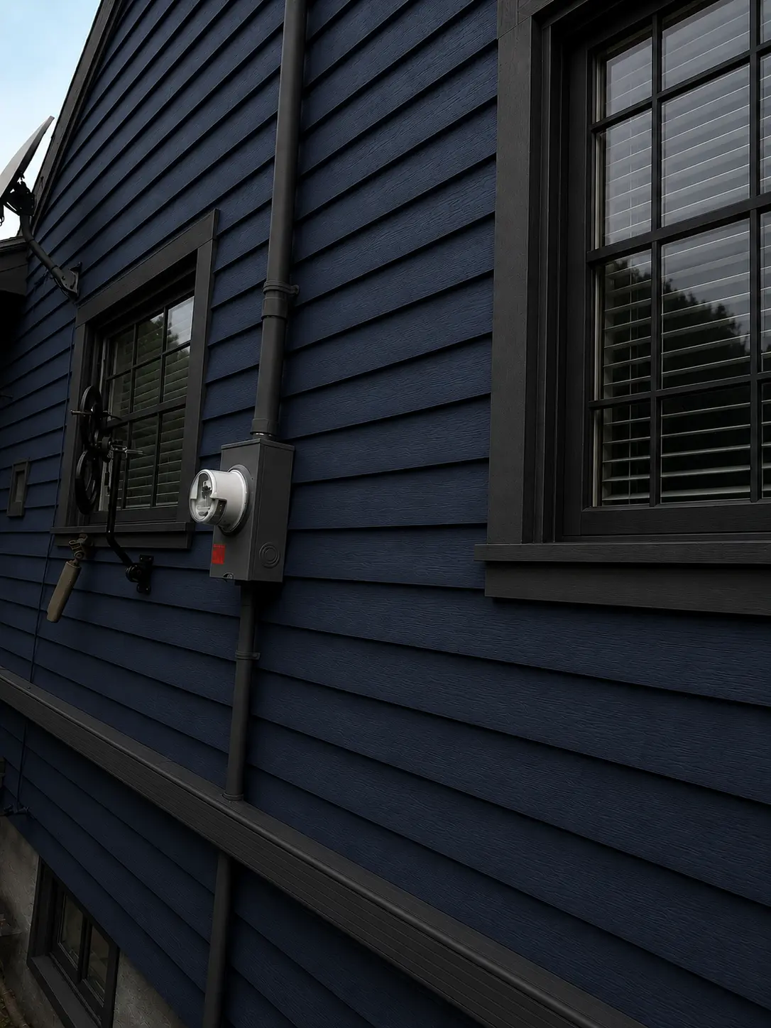 Finished deep blue siding and coordinated dark trim at the utility penetration.