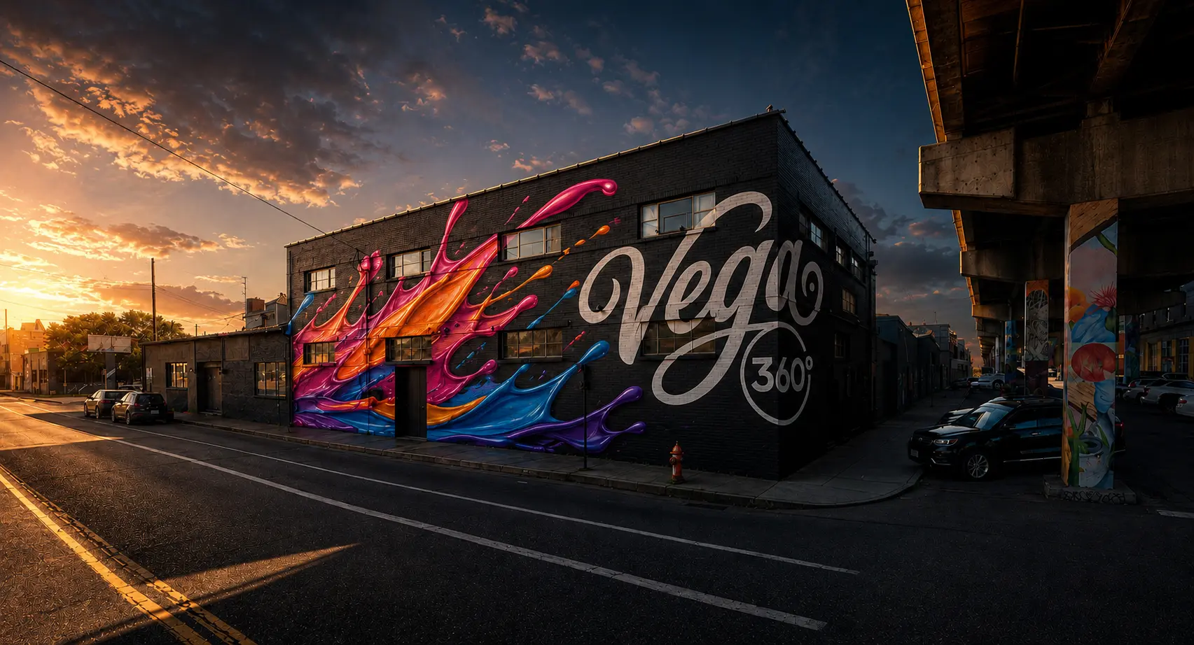 A black-painted Portland commercial building with a bold liquid-color mural and integrated white Vega 360 branding at sunset.