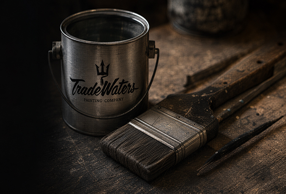 Trade Waters paint can, brush, and working tools.