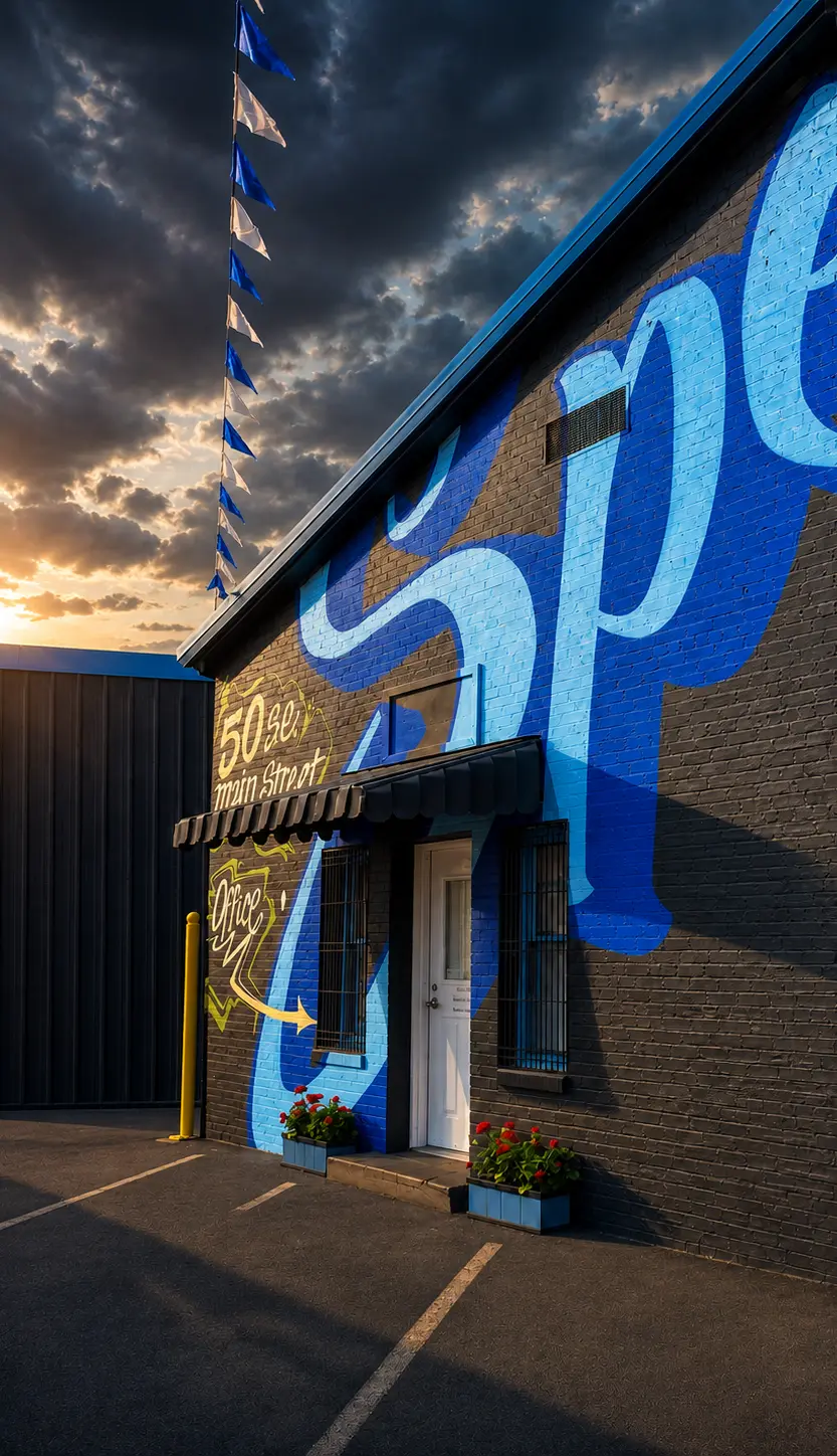 A dramatic blue exterior mural on a commercial building beneath a stormy sky.