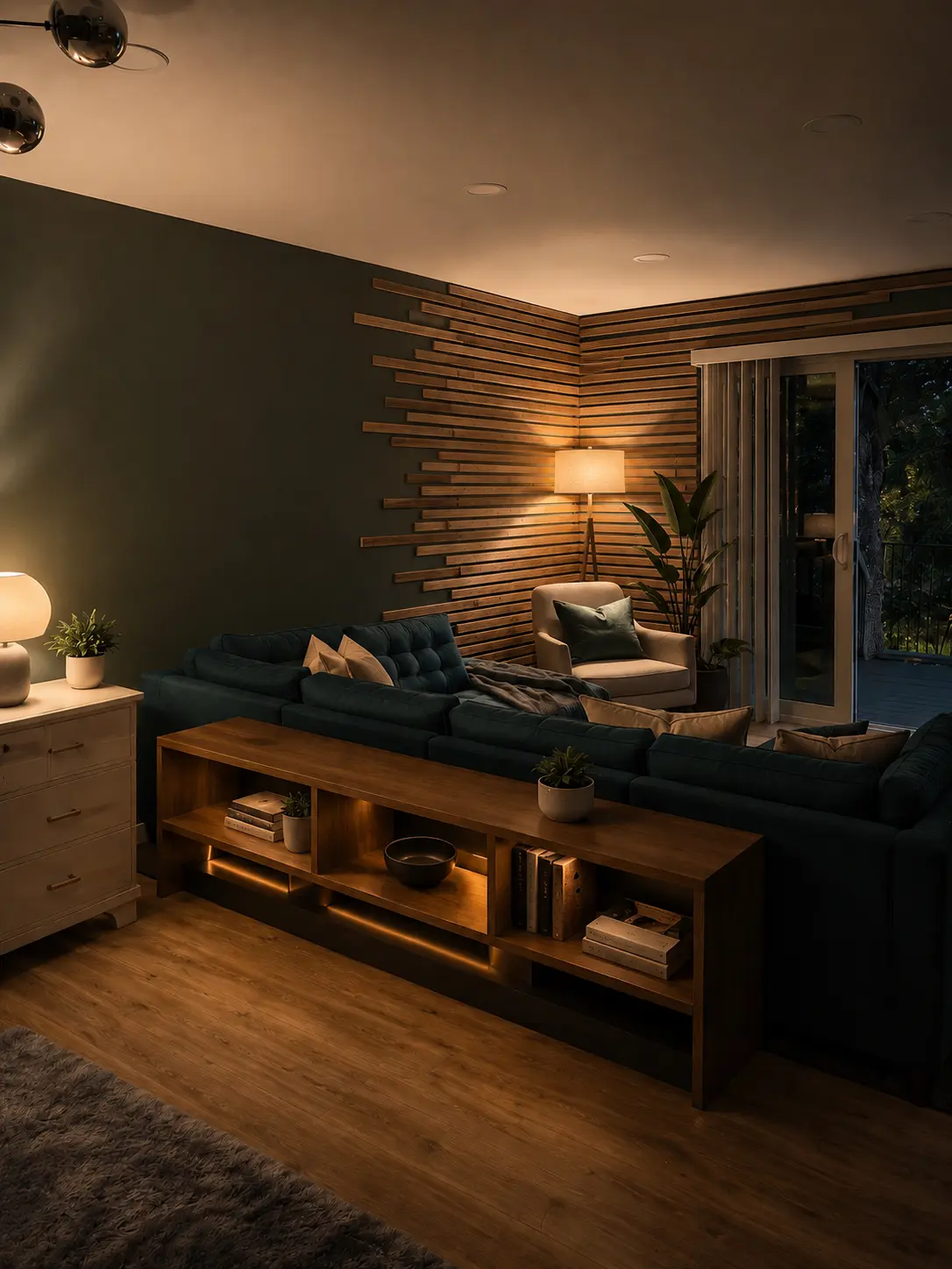 A warmly lit Raleigh Hills living room with deep green walls and natural wood detailing.