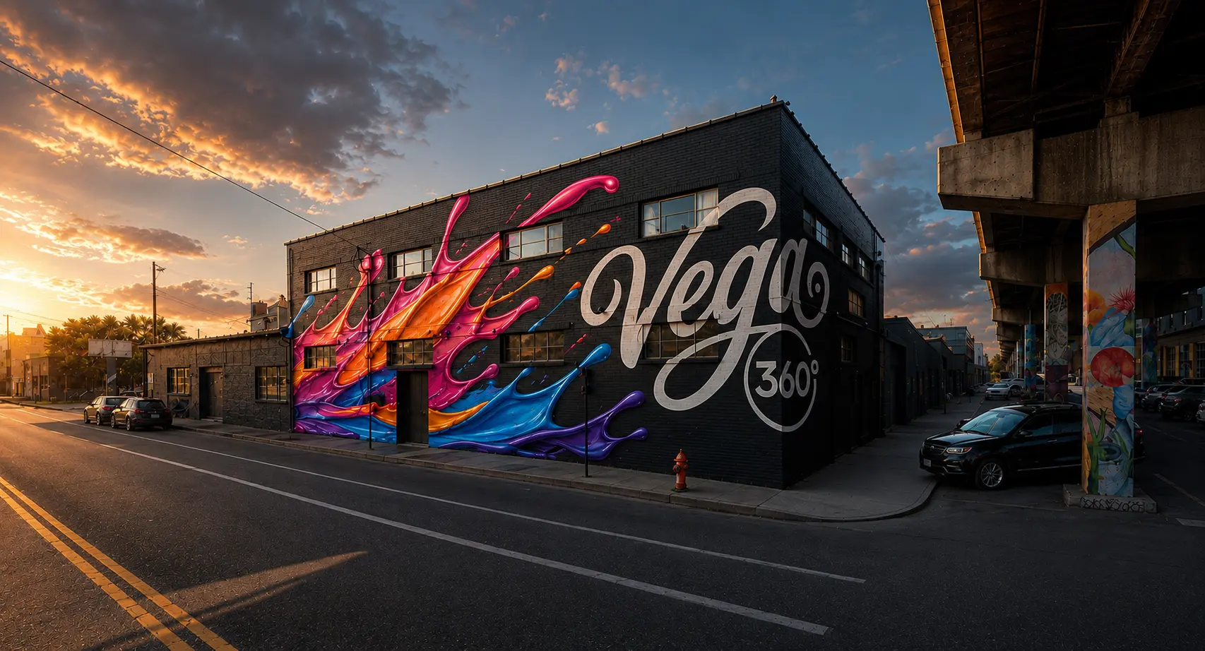 In-production concept for the Vega 360 exterior mural in Portland's Central Eastside.