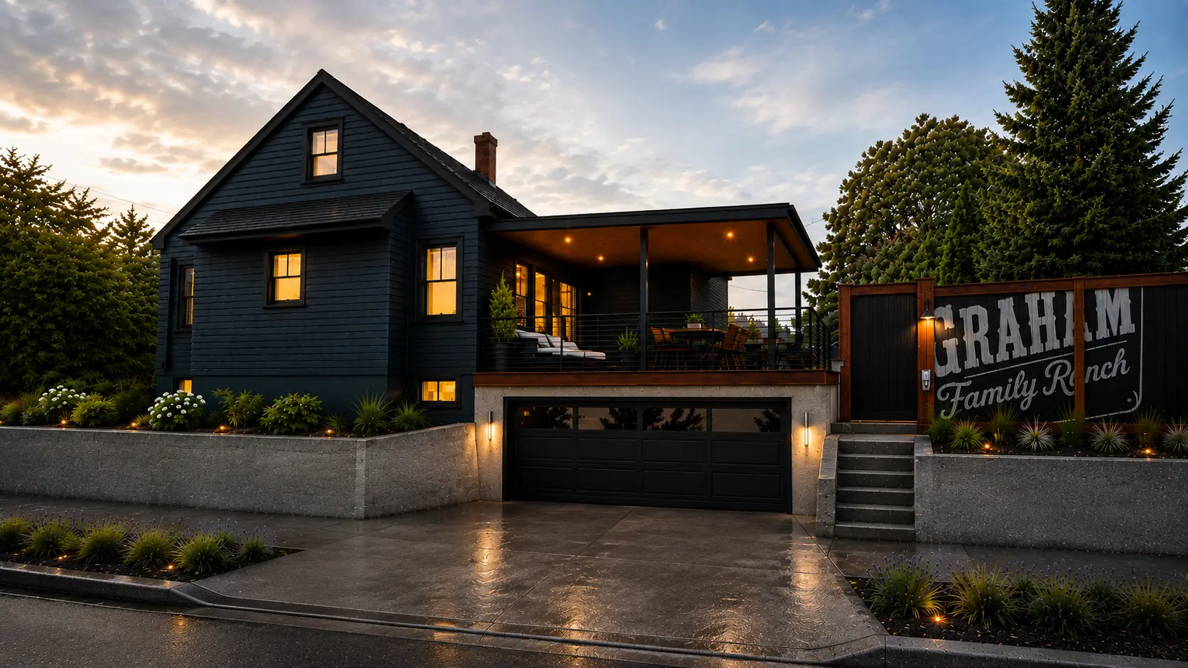 A restored dark blue Portland home with a new garage, covered patio, and landscaped approach after rainfall.